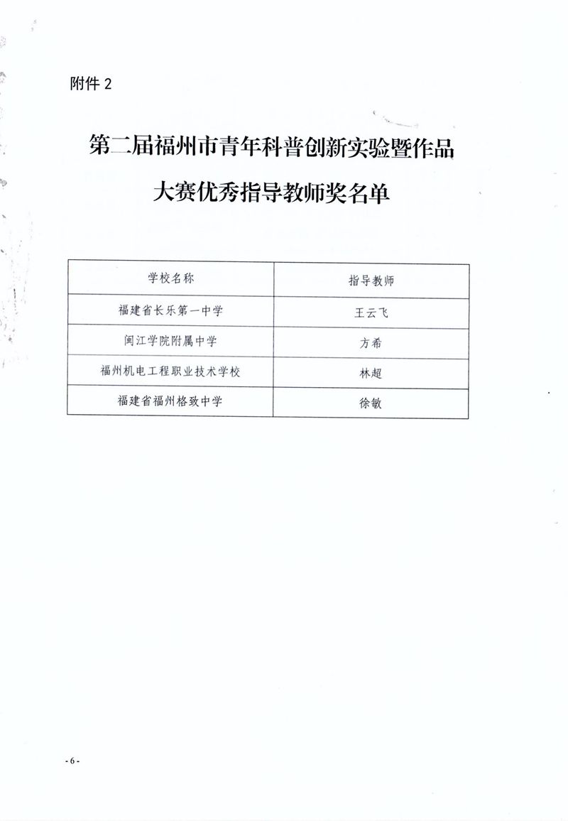福州市科學(xué)技術(shù)協(xié)會 福州市教育局 共青團福州市委關(guān)于公布第二屆福州市青年科普創(chuàng)新實驗暨作品大賽獲獎名單的通知 福州市科學(xué)技術(shù)協(xié)會 福州市教育局 共青團福州市委關(guān)于公布第二屆福州市青年科普創(chuàng)新實驗暨作品大賽獲獎名單的通知